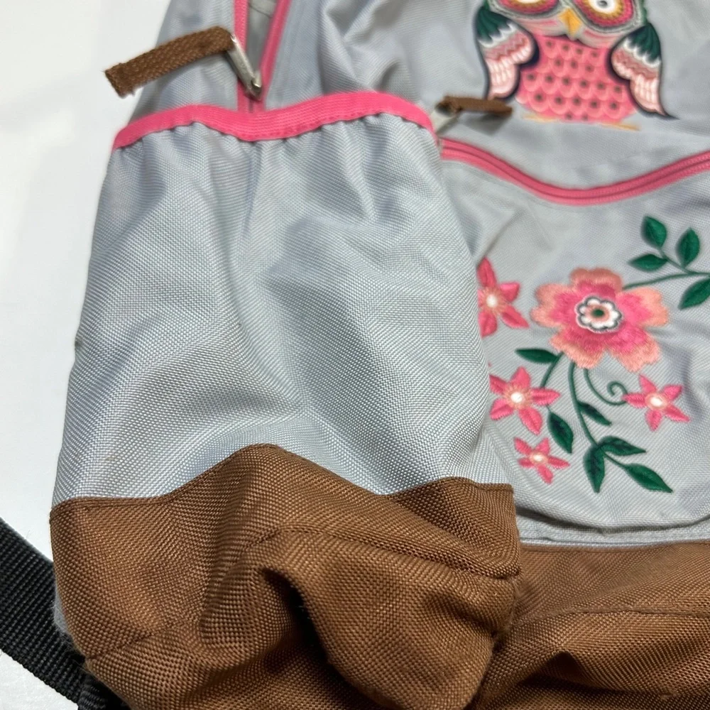 Hanna Andersson Embroidered Owl Flowers Full Size Backpack Gray Pink - Picture 10 of 12